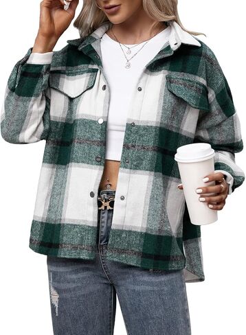 Century Star Plaid Shirts for Women Shacket Jacket Womens Button Down Shackets Long Sleeve Lapel Oversized Coats in Kuwait