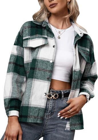 Century Star Plaid Shirts for Women Shacket Jacket Womens Button Down Shackets Long Sleeve Lapel Oversized Coats in Kuwait