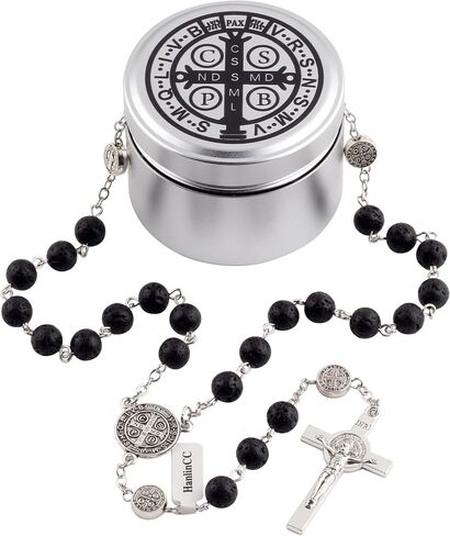Hanlincc Lava و Hematite Stone Beads Saint Benedict Netlace مع صندوق الصلب الكاثوليكي للرجال والنساء in Saudi Arabia