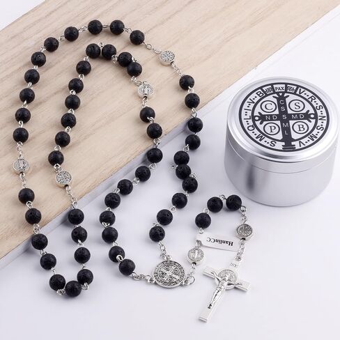 Hanlincc Lava و Hematite Stone Beads Saint Benedict Netlace مع صندوق الصلب الكاثوليكي للرجال والنساء in Saudi Arabia
