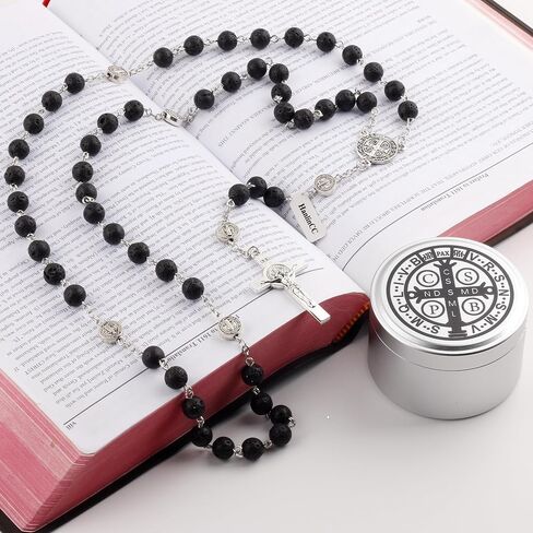 Hanlincc Lava و Hematite Stone Beads Saint Benedict Netlace مع صندوق الصلب الكاثوليكي للرجال والنساء in Saudi Arabia