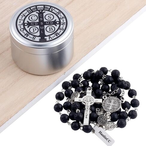 Hanlincc Lava و Hematite Stone Beads Saint Benedict Netlace مع صندوق الصلب الكاثوليكي للرجال والنساء in Saudi Arabia