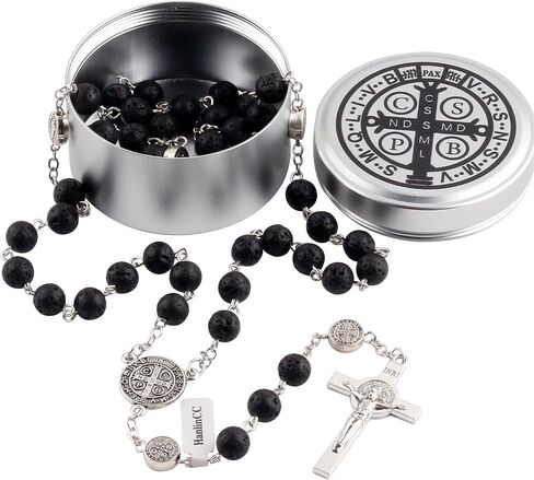 Hanlincc Lava و Hematite Stone Beads Saint Benedict Netlace مع صندوق الصلب الكاثوليكي للرجال والنساء in Saudi Arabia