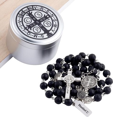 Hanlincc Lava و Hematite Stone Beads Saint Benedict Netlace مع صندوق الصلب الكاثوليكي للرجال والنساء in Saudi Arabia