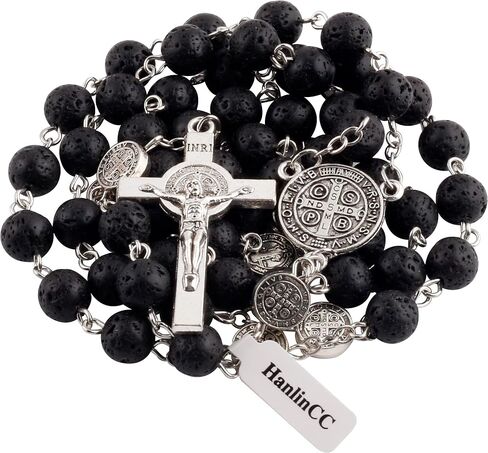 Hanlincc Lava و Hematite Stone Beads Saint Benedict Netlace مع صندوق الصلب الكاثوليكي للرجال والنساء in Saudi Arabia