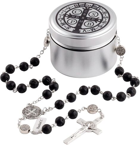 Hanlincc Lava و Hematite Stone Beads Saint Benedict Netlace مع صندوق الصلب الكاثوليكي للرجال والنساء in Saudi Arabia