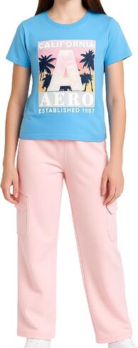 AEROPOSTALE Girls Pants Set - 2 Piece Short Sleeve Graphic Tee Tops and Soft Fleece Cargo Sweatpants Kids Clothing Set (7-16) in Kuwait
