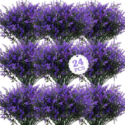 Janinka 24 Bundles Artificial Lavender Flowers False Outdoor Flowers UV Resistant Plastic Artificial Plants Fake Shrubs Bouquet Greenery Bushes for Outdoor Garden Home (Purple) in Saudi Arabia