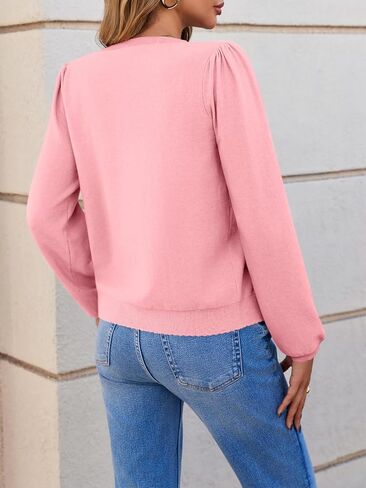 Saodimallsu Womens نفخة طويلة الأكمام سترة كارديجان سقوط الزر أسفل أسفل الوزن خفيفة الوزن طاقم القمصان سترة سترة in Kuwait