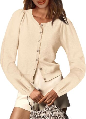Saodimallsu Womens Puff Long Sleeve Cardigan Sweaters Fall Button Down Lightweight Knit Crew Neck Sweater Shirts in Saudi Arabia