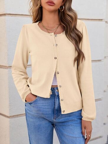 Saodimallsu Womens Puff Long Sleeve Cardigan Sweaters Fall Button Down Lightweight Knit Crew Neck Sweater Shirts in Saudi Arabia