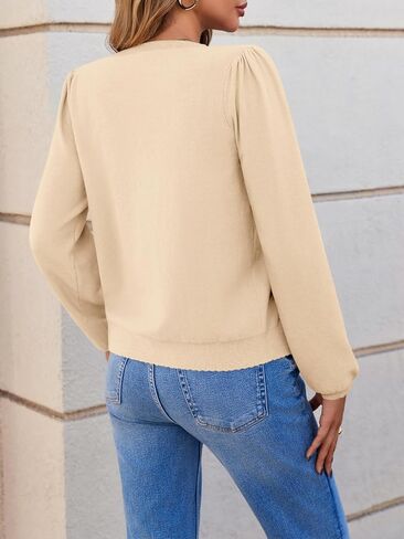 Saodimallsu Womens Puff Long Sleeve Cardigan Sweaters Fall Button Down Lightweight Knit Crew Neck Sweater Shirts in Saudi Arabia