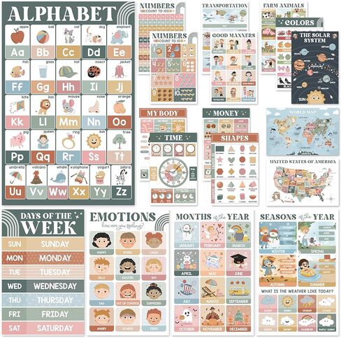 Beawart 16 Boho Groovy Eduals Posters for Preschoolers-مخططات ملصقات تعليمية مرحلة ما قبل الروضة ورياض الأطفال للأطفال الصغار 1-3-5-ديكور في المنزل والفصول الدراسية لجدران الأطفال in Kuwait