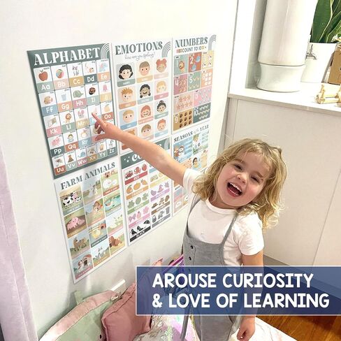 Beawart 16 Boho Groovy Eduals Posters for Preschoolers-مخططات ملصقات تعليمية مرحلة ما قبل الروضة ورياض الأطفال للأطفال الصغار 1-3-5-ديكور في المنزل والفصول الدراسية لجدران الأطفال in Kuwait