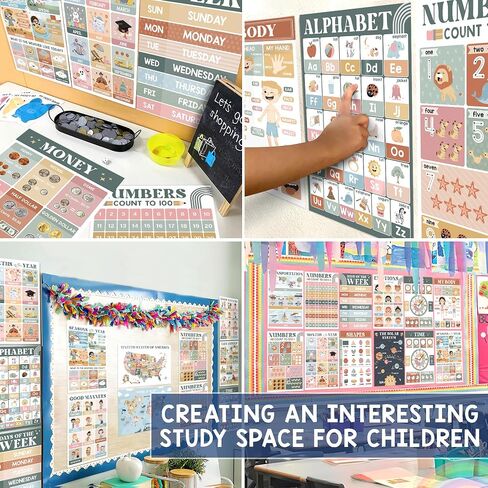 Beawart 16 Boho Groovy Eduals Posters for Preschoolers-مخططات ملصقات تعليمية مرحلة ما قبل الروضة ورياض الأطفال للأطفال الصغار 1-3-5-ديكور في المنزل والفصول الدراسية لجدران الأطفال in Kuwait