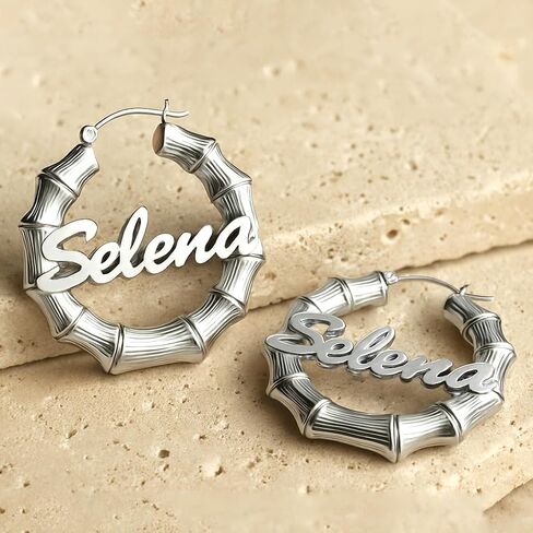 LeCalla Personalized Bamboo Earrings with Name Customized 925 Sterling Silver Bamboo Name Hoop Earrings for Women in Saudi Arabia
