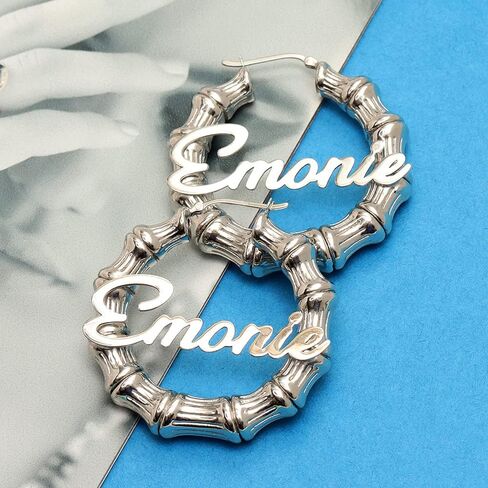 LeCalla Personalized Bamboo Earrings with Name Customized 925 Sterling Silver Bamboo Name Hoop Earrings for Women in Saudi Arabia