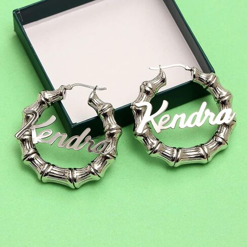 LeCalla Personalized Bamboo Earrings with Name Customized 925 Sterling Silver Bamboo Name Hoop Earrings for Women in Saudi Arabia