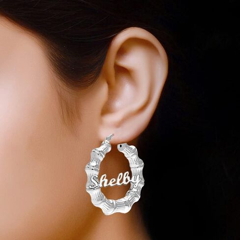 LeCalla Personalized Bamboo Earrings with Name Customized 925 Sterling Silver Bamboo Name Hoop Earrings for Women in Saudi Arabia