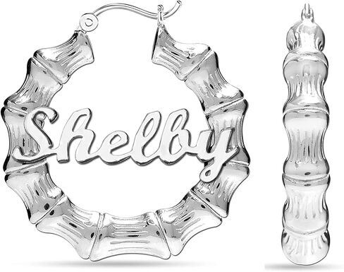 LeCalla Personalized Bamboo Earrings with Name Customized 925 Sterling Silver Bamboo Name Hoop Earrings for Women in Saudi Arabia