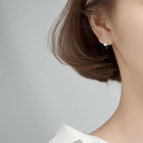 reffeer 925 Sterling Silver Pearl Half Half أقراط للنساء في سن المراهقة Bar Bar أقراط مفتوحة أقراط صغيرة Huggie in Kuwait