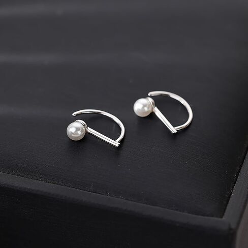 reffeer 925 Sterling Silver Pearl Half Half أقراط للنساء في سن المراهقة Bar Bar أقراط مفتوحة أقراط صغيرة Huggie in Kuwait