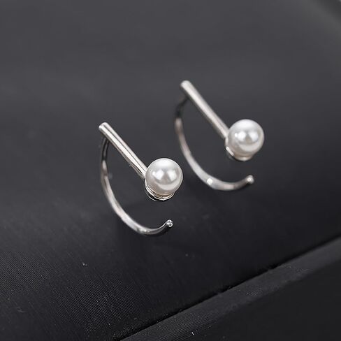 reffeer 925 Sterling Silver Pearl Half Half أقراط للنساء في سن المراهقة Bar Bar أقراط مفتوحة أقراط صغيرة Huggie in Kuwait
