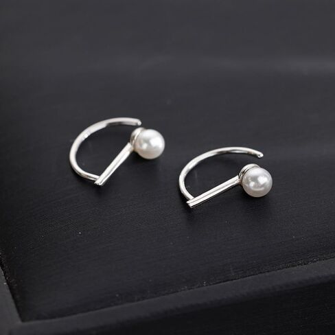 reffeer 925 Sterling Silver Pearl Half Half أقراط للنساء في سن المراهقة Bar Bar أقراط مفتوحة أقراط صغيرة Huggie in Kuwait
