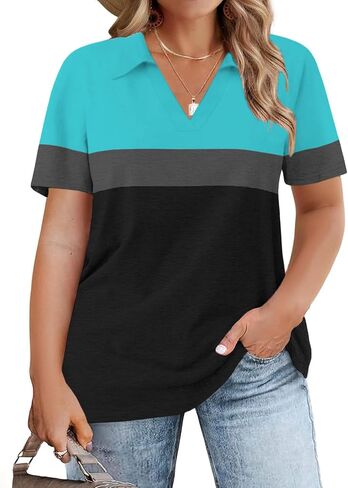 ROSRISS Plus-Size-Tops-for-Women Summer Loose Fit Short Sleeve Casual V Neck Polo Shirts Trendy Color Block Collared Tees in Kuwait
