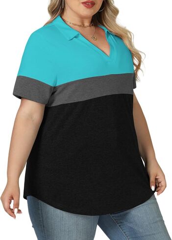 ROSRISS Plus-Size-Tops-for-Women Summer Loose Fit Short Sleeve Casual V Neck Polo Shirts Trendy Color Block Collared Tees in Kuwait