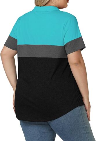 ROSRISS Plus-Size-Tops-for-Women Summer Loose Fit Short Sleeve Casual V Neck Polo Shirts Trendy Color Block Collared Tees in Kuwait