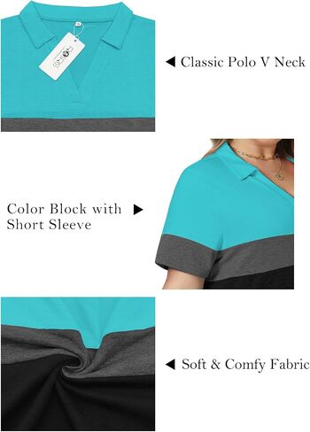 ROSRISS Plus-Size-Tops-for-Women Summer Loose Fit Short Sleeve Casual V Neck Polo Shirts Trendy Color Block Collared Tees in Kuwait