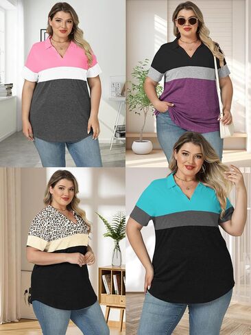 ROSRISS Plus-Size-Tops-for-Women Summer Loose Fit Short Sleeve Casual V Neck Polo Shirts Trendy Color Block Collared Tees in Kuwait