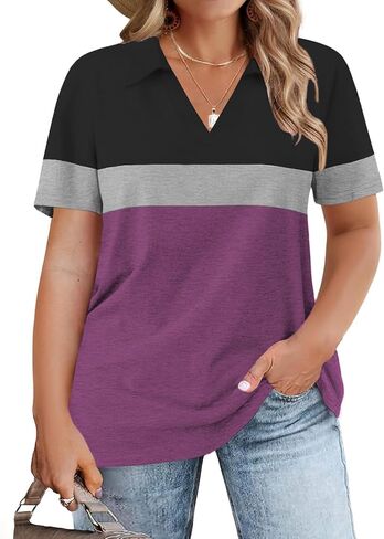 ROSRISS Plus-Size-Tops-for-Women Summer Loose Fit Short Sleeve Casual V Neck Polo Shirts Trendy Color Block Collared Tees in Kuwait