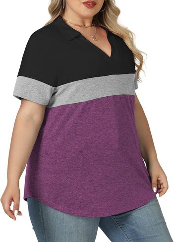 ROSRISS Plus-Size-Tops-for-Women Summer Loose Fit Short Sleeve Casual V Neck Polo Shirts Trendy Color Block Collared Tees in Kuwait