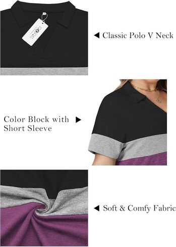 ROSRISS Plus-Size-Tops-for-Women Summer Loose Fit Short Sleeve Casual V Neck Polo Shirts Trendy Color Block Collared Tees in Kuwait