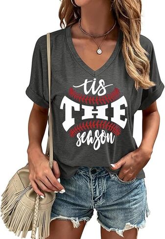 قميص أم بيسبول للنساء لعبة البيسبول Graphic V الرقبة قصيرة الأكمام Tee Top Softball Mom T Shirt in Saudi Arabia
