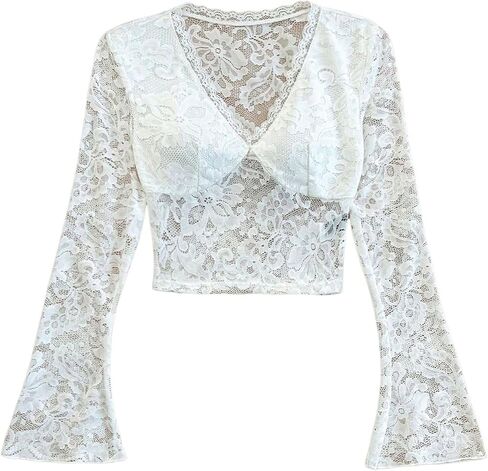 MakeMeChic Women's Lace Sheer Top Y2k Bell Sleeve Cut Out T Shirt Fitted Crop Tops in Saudi Arabia