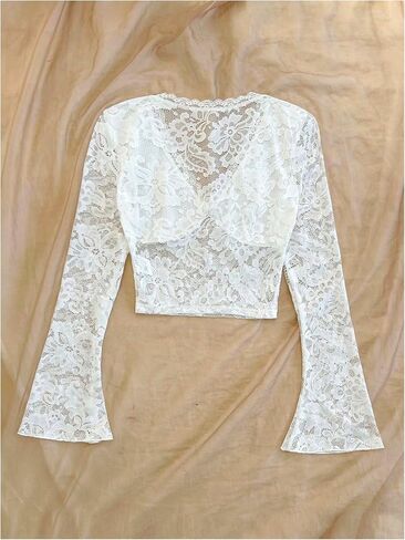 MakeMeChic Women's Lace Sheer Top Y2k Bell Sleeve Cut Out T Shirt Fitted Crop Tops in Saudi Arabia