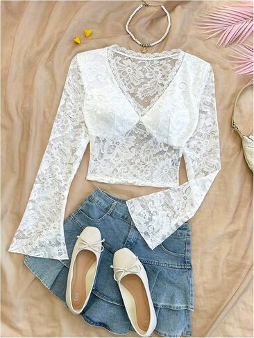 MakeMeChic Women's Lace Sheer Top Y2k Bell Sleeve Cut Out T Shirt Fitted Crop Tops in Saudi Arabia