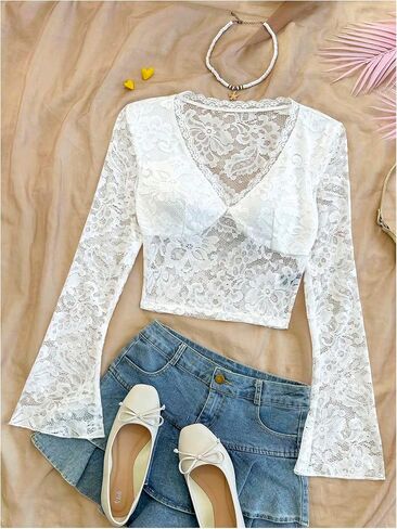 MakeMeChic Women's Lace Sheer Top Y2k Bell Sleeve Cut Out T Shirt Fitted Crop Tops in Saudi Arabia