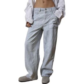 LifeShe Women Striped Baggy Barrel Jean Low Rise Straight Denim Pants Patch Pocket Barrel Trousers in Kuwait