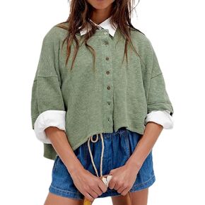 Womens Open Front Button Down Cardi Tee Drop Shoulder 3/4 Wide Sleeve Y2k Cute Going Out Shirts Streetwear Cardigan Tops in Kuwait