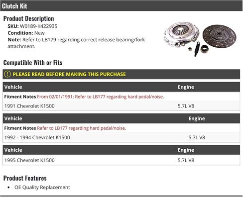 Clutch Kit - Compatible with 1991-1995 Chevy K1500 5.7L V8 (From 02/01/1991) in Saudi Arabia