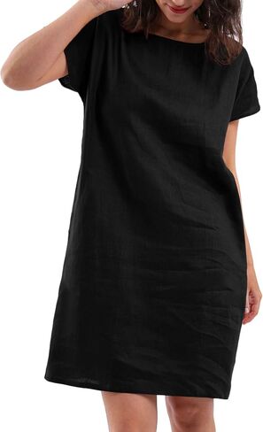 Amazhiyu Womens 100 ٪ Linen Crew Neck Midi فساتين مع جيوب الصيف غير الرسمية in Kuwait