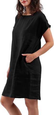Amazhiyu Womens 100 ٪ Linen Crew Neck Midi فساتين مع جيوب الصيف غير الرسمية in Kuwait