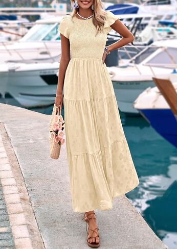 PRETTYGARDEN Women's Floral Midi Dresses 2025 Summer Cap Sleeve Smocked Ruffle A Line Long Flowy Wedding Guest Dress in Saudi Arabia