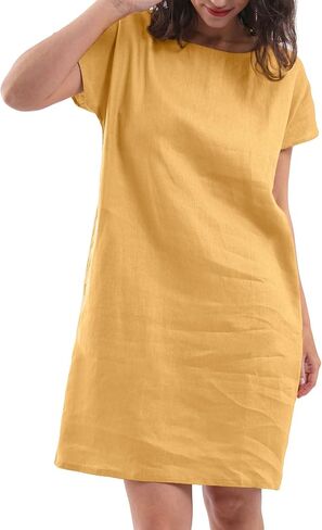 Amazhiyu Womens 100 ٪ Linen Crew Neck Midi فساتين مع جيوب الصيف غير الرسمية in Kuwait