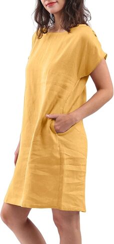 Amazhiyu Womens 100 ٪ Linen Crew Neck Midi فساتين مع جيوب الصيف غير الرسمية in Kuwait