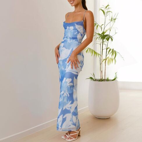 Women's Mesh Ruched Bodycon Dress Floral Spaghetti Strap Maxi Dress Stretch Sexy Backless Slip Long Dresses in Saudi Arabia